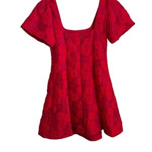 Abbey Glass Red Brocade Mini Dress Puff Sleeve Square Neck Party Cocktail M